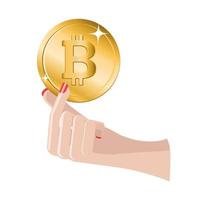 Beautiful Woman hand holding a Bitcoin coin isolated on white background vector