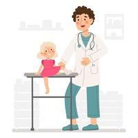 Kid with a broken leg in the trauma doctor's office.Person with plaster cast on broken leg. vector