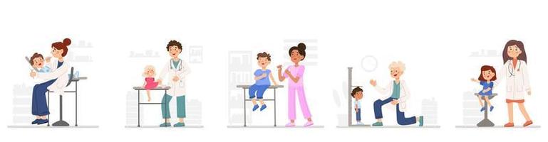 Set of cute child visit doctor vector flat illustration. Collection of various kids at physician consultation. Friendly medical staff work with diverse boy and girl.