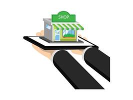 Businessman hold tablet with Shop building , vector illustration