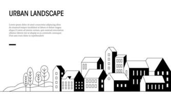 Flat vector illustration of urban landscape view in outline style. Suitable for design element of design element of real estate promotional background, city skyline, and village tourism.