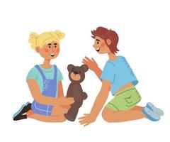 niños de preescolar o jardín de infantes jugando juntos. personajes de dibujos animados de niños y niñas sentados en el suelo y hablando animadamente. concepto de educación y comunicación para niños. ilustración vectorial plana. vector