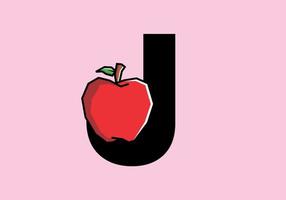 J initial letter with red apple in stiff art style vector