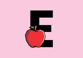 E initial letter with red apple in stiff art style