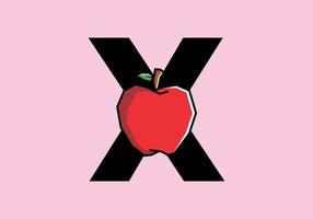 X initial letter with red apple in stiff art style vector