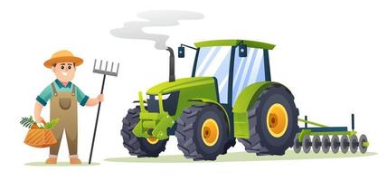 granjero lindo que sostiene verduras orgánicas y azada de tenedor al lado del tractor en estilo de dibujos animados. ilustración de granjero de cosecha vector