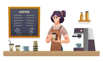mujer barista llevando café en el mostrador de la cafetería ilustración vector