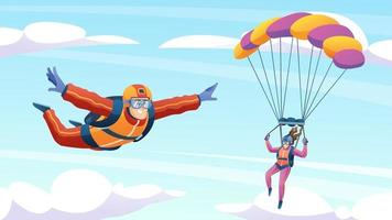 personas saltando en paracaídas y paracaidismo en la ilustración del cielo vector