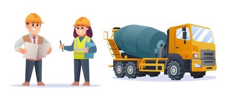 Cute construction foreman and female engineer characters with concrete mixer truck illustration vector