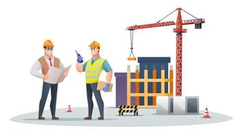 Construction foreman and engineer character on construction site with tower crane illustration vector