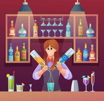 Female bartender mixing drinks at bar counter concept illustration vector