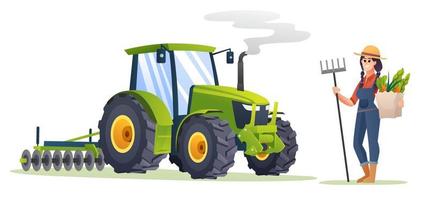 Female farmer holding organic vegetables and fork hoe beside tractor in cartoon style. Harvest farmer illustration
