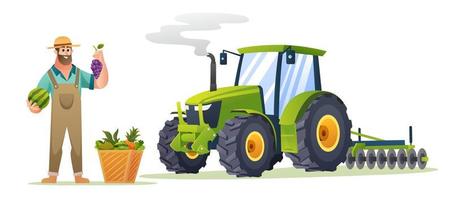 granjero feliz con frutas frescas y tractor en estilo de dibujos animados. ilustración de granjero de cosecha