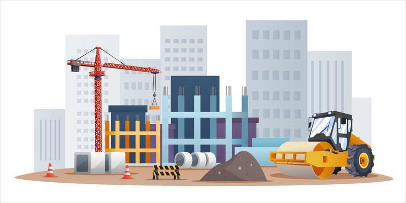Construction site concept with compactor and material equipment illustration