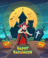 feliz halloween drácula vampiro personaje con noche oscura castillo y luna concepto ilustración vector