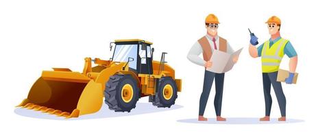 Construction foreman and engineer character with wheel loader illustration vector