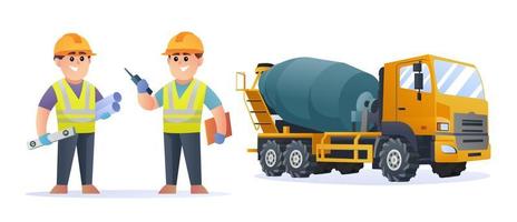 Cute construction engineer characters with concrete mixer truck illustration vector