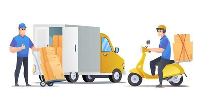 paquetes de entrega de mensajeros en furgoneta y scooter ilustración de dibujos animados