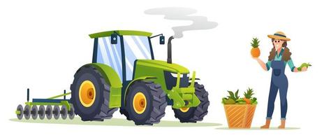 Happy woman farmer with fresh fruits and tractor in cartoon style. Harvest farmer illustration