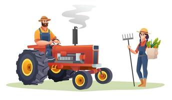 agricultor en tractor y agricultora con verduras orgánicas y concepto de azada de tenedor. ilustración de granjero de cosecha vector
