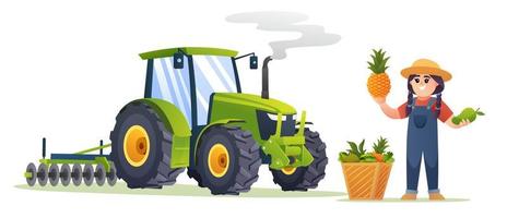 linda chica agricultora con frutas frescas y tractor al estilo de las caricaturas. ilustración de granjero de cosecha vector