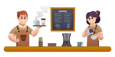 lindo barista masculino llevando café y la barista femenina haciendo ilustración de café vector