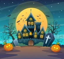 Dark castle with pumpkins on halloween moonlight night concept cartoon illustration vector