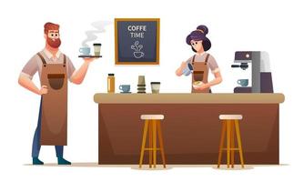 Male barista carrying coffee and the female barista making coffee at coffee shop illustration vector