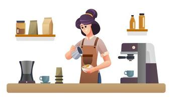 Female barista making coffee at coffee shop counter illustration vector