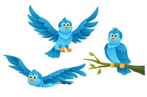 lindo pájaro azul en varias poses ilustración de dibujos animados vector