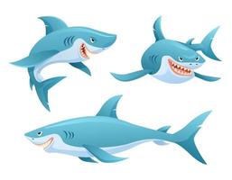 conjunto de tiburones en varias poses ilustración de dibujos animados vector