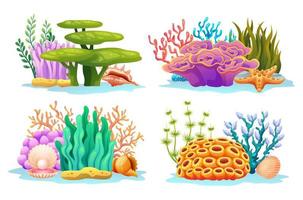Colorful undersea coral reefs, algae, seaweed and seashells in various types cartoon illustration vector