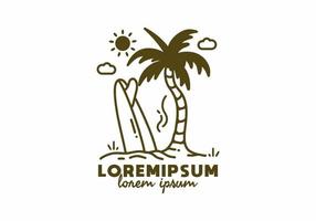 Coconut tree and surfing board line art with lorem ipsum text vector