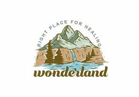 Colorful illustration drawing of wonderland mountain and waterfall vector