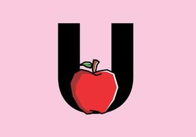 U initial letter with red apple in stiff art style vector