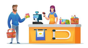 Cashier and customer with grocery basket at supermarket checkout counter concept illustration vector