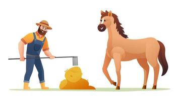 Farmer feeding horse with hay illustration vector