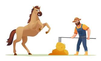 Farmer feeding horse with hay cartoon illustration vector