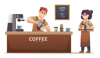 lindo barista masculino haciendo café y la barista femenina llevando café en la ilustración de la cafetería vector