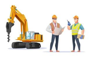 Construction foreman and engineer character with drill excavator illustration vector