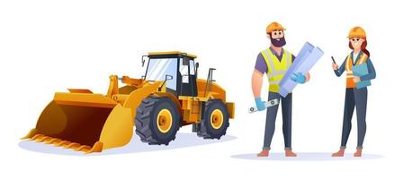 personajes de ingenieros de construcción masculinos y femeninos con ilustración de cargadora de ruedas vector