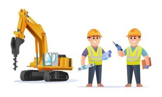 Cute construction engineer characters with drill excavator illustration vector