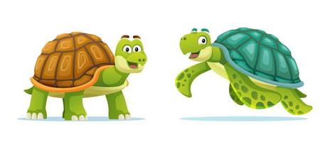 Cute tortoise and sea turtle cartoon illustration vector