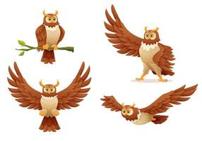 Set of owl in various poses cartoon illustration vector