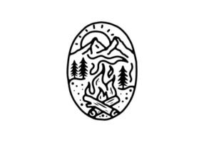 Black and white line art illustration of bonfire and mountain vector