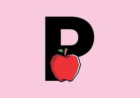 P initial letter with red apple in stiff art style vector