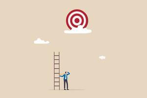 Mistake and error causing business problem and missing goal, disappointment or mission fail, hopeless on unreachable target concept, hopelessness businessman with too short ladder cannot reach target. vector