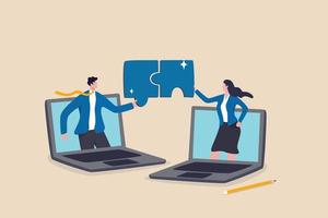 Remote work collaboration or partnership, work from home or distant to get business solution together, online conference meeting concept, businessman and woman coworker solve jigsaw puzzle together. vector