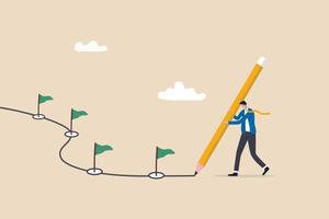 Workflow or working process, project progress, milestone or achievement tracking, work experience or journey concept, businessman using pencil to draw workflow line with achievement flag milestones. vector