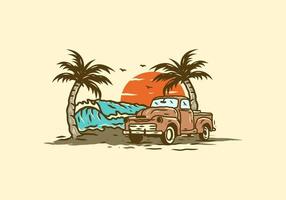 Car on the beach vintage illustration drawing vector